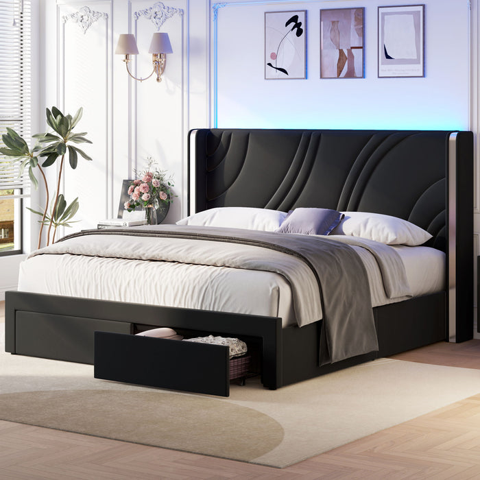 Modern Upholstered LED Bed Frame With Storage Drawers, Wingback Headboard, RGB Light