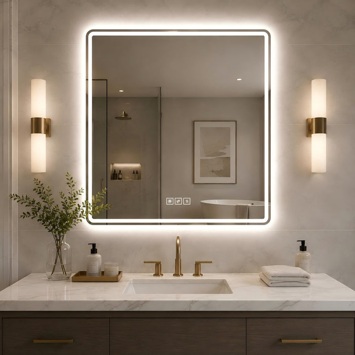 36 X 36 LED Bathroom Mirror With Dimmable Frosted Light Band, 3 Color Temperatures, Anti Fog, Memory & Auto Off - Silver