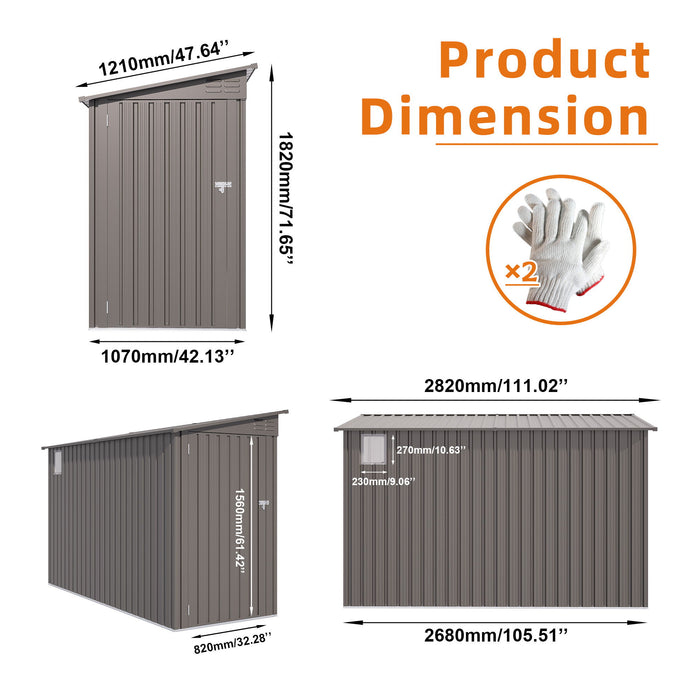 Metal Outdoor Storage Shed 4 X 9 Ft With Sloping Roof, Vents, And Side Door - Gray