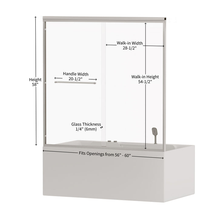 Double Sliding Bathtub Shower Door, Semi Frameless Bypass, 1 / 4" (6Mm) With Explosion - Proof Film, Adjustable Aluminum Alloy Frame