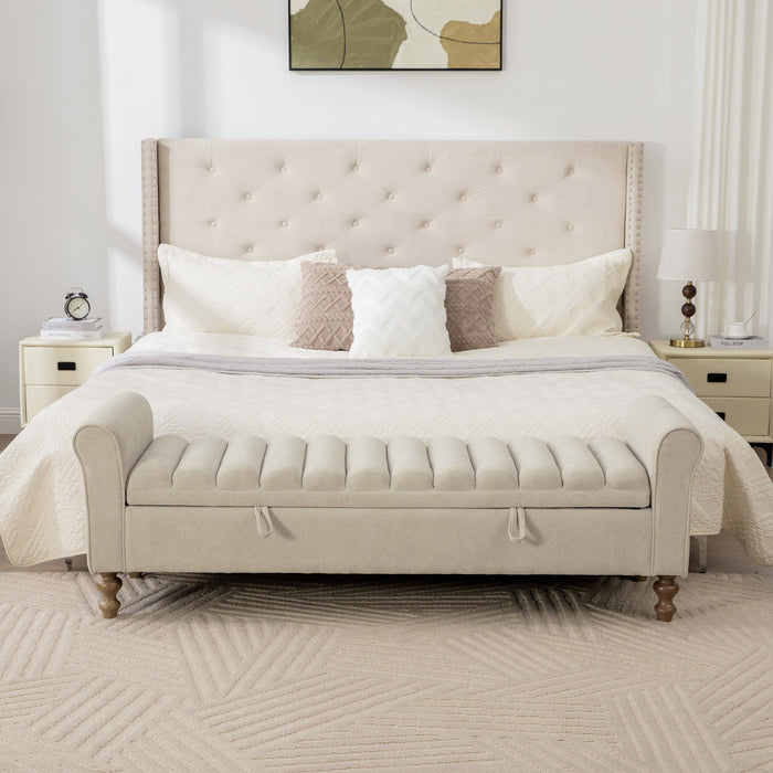 Wide Upholstered Storage Bench With Rolled Armrest For Bedroom - Griege