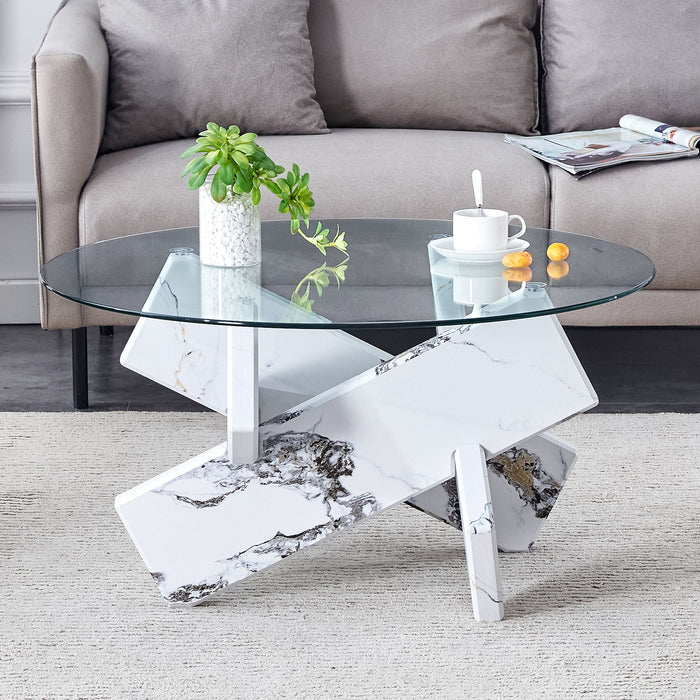 Modern Round Glass Coffee Table With Tempered Glass Countertop - White