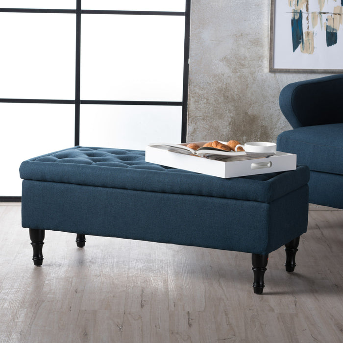 Hyatt - Suede Storage Ottoman With Tufted Top And Dark Wooden Legs - Navy Blue