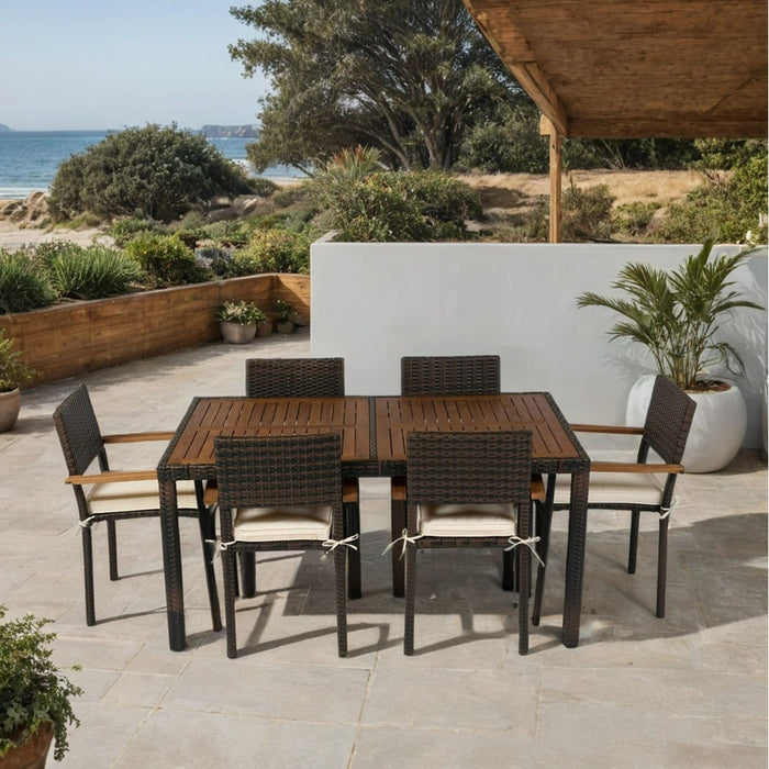 7 Piece Outdoor Patio Wicker Dining Set Patio Wicker Furniture Dining Set With Top - Brown / Cream