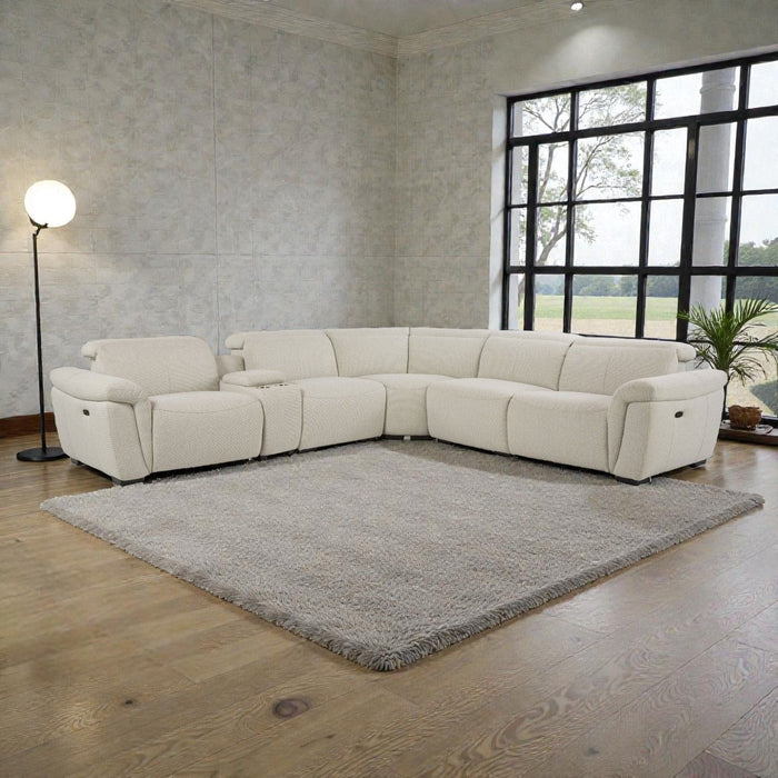 Dayana - Boucle Power Recliner Sectional Sofa For 5 People With Cupholder Console Adjustable Headrest - Beige