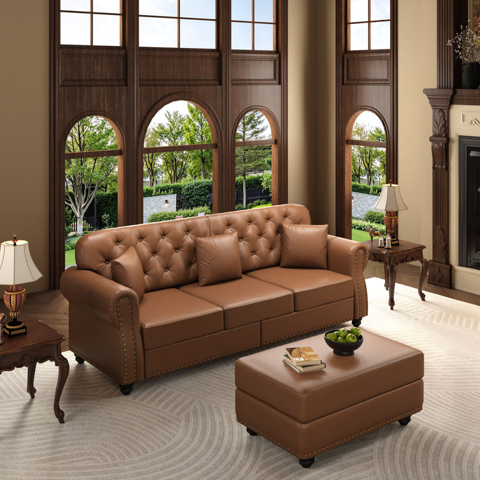 Upholstered Sofa With Nailhead Trim, Rolled Armrests With Ottoman