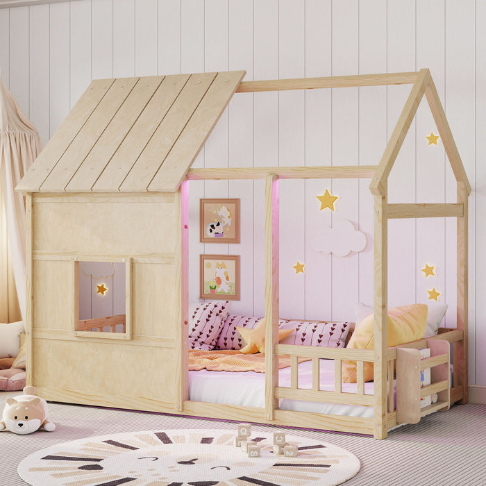 House Floor Bed With 7 Color LED Light, Built In Bookshelf