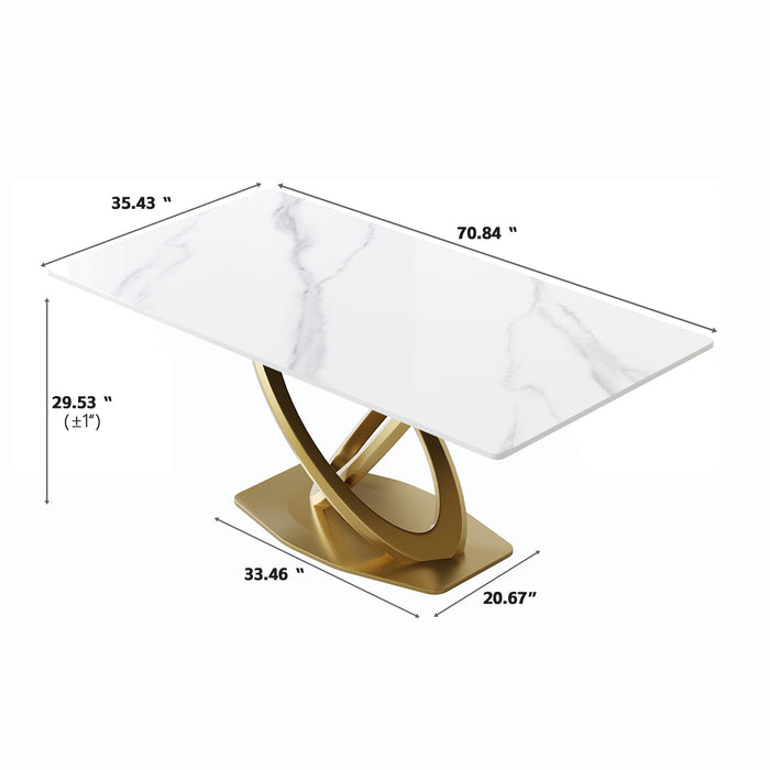 70.84" Modern Artificial Stone Panel Double-Ring Stainless Steel Metal Legs, Can Accommodate 6-8 People - White / Gold