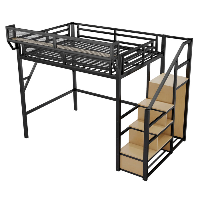 Full Size Loft Bed With Stairs With Storage Shelves With Wardrobe - Black