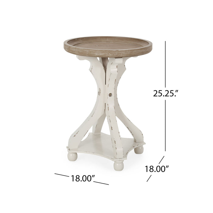 Rustic French Country Accent Table With Hourglass Firwood Base And Lipped Top