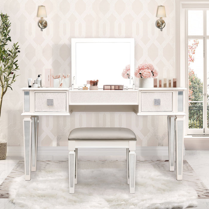 Mirrored Vanity Desk With Drawers And Stool, Flip Up Dressing Table Set For Makeup Room