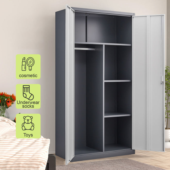 Large Capacity Wardrobe With Hanging Rod And Compartments - Gray