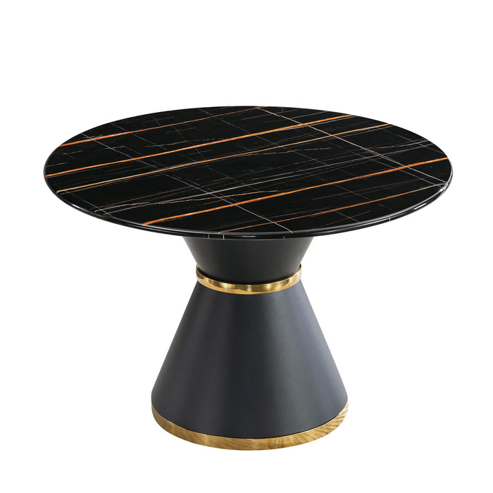 Marble Printed Round Dining Table - Black Columnar Base With Gold Annulus Not Including Chairs - Black