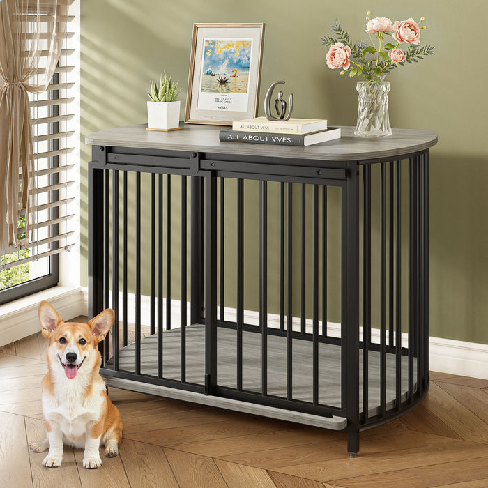 Furniture Style Dog Crate For Small And Medium Dogs, Wooden Cage Indoor Kennel Furniture, Modern Dog Crate End Table With Double Doors - Gray