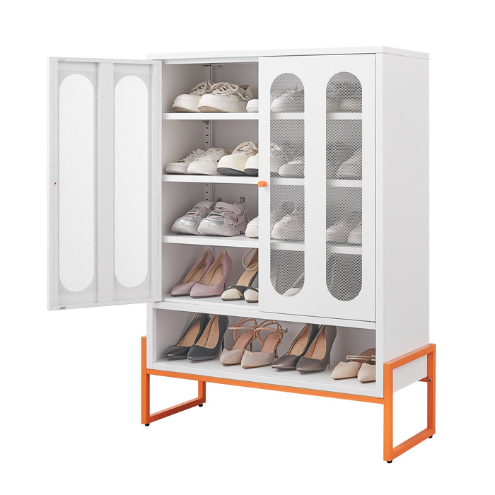 Modern Metal Shoe Cabinet With DoublebSided Doors And Adjustable Partitions