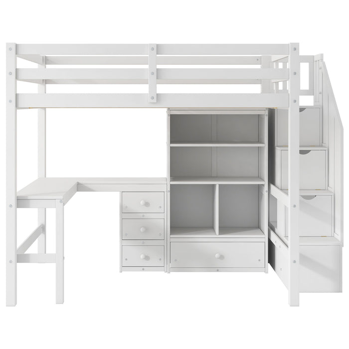 Loft Bed & L Shaped Desk, Drawers, Cabinet, And Storage Staircase