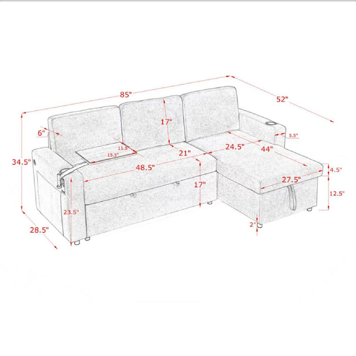 Multi Functional Pull Out Bed Sofa With Retractable Table, LED Lighting, USB Charging Ports & Cup Holders