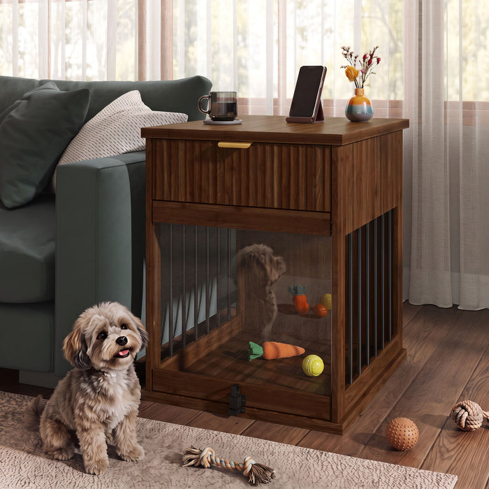 Dog Crate End Table With Charging Station - Antique Brown