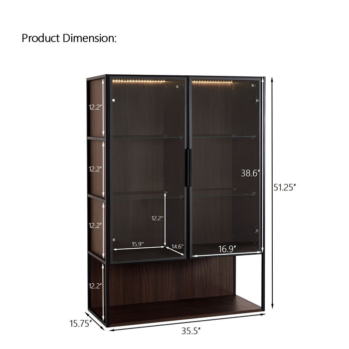 Modern Minimalist Tall Lighted Display Cabinet With Tempered Glass Door - Black / Dark Walnut