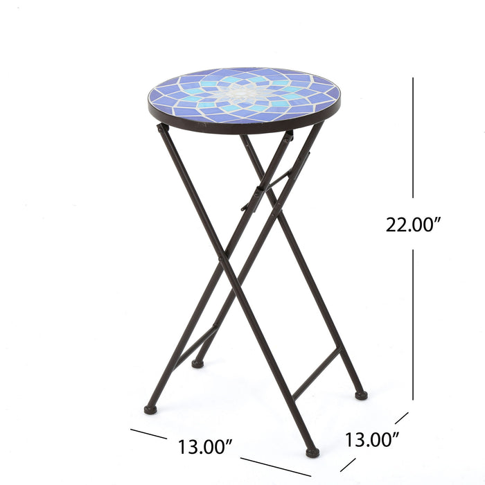 Outdoor Folding Accent Table With Glass Top And Iron Frame - White / Blue