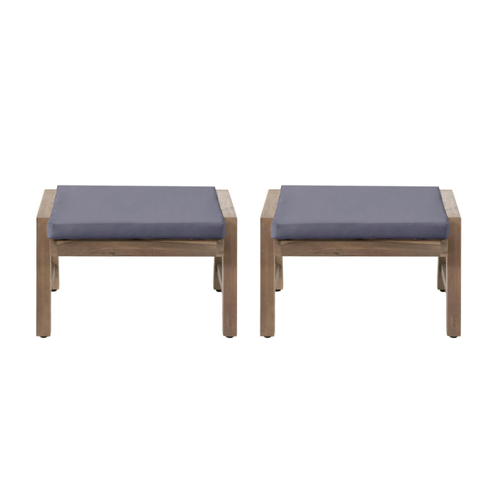 Acacia Wood Outdoor Ottomans With Cushion, (Set of 2)