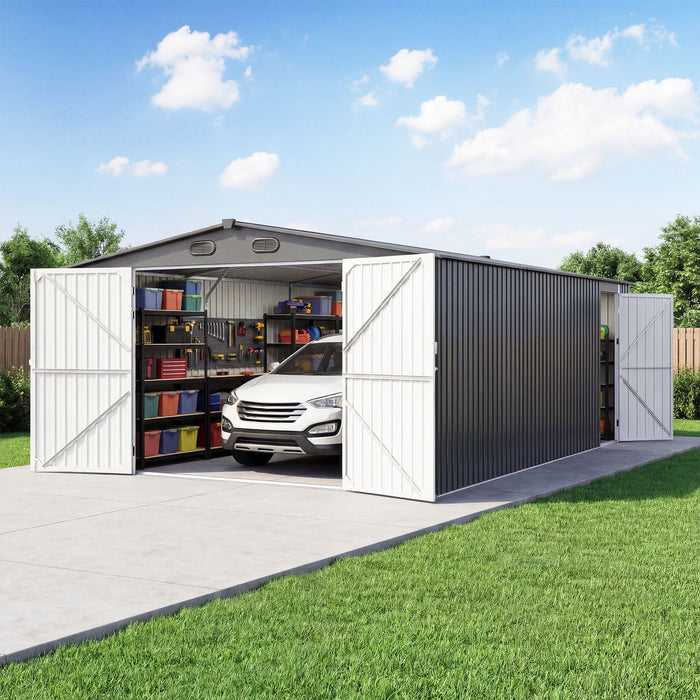 Industrial - 20' x 13' Heavy Duty Metal Garage Shed - Dark Gray