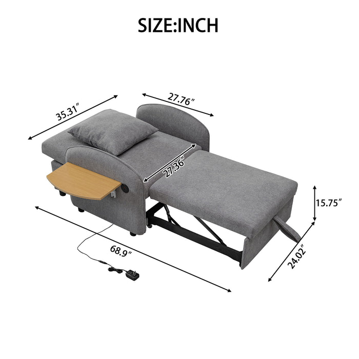 Convertible Single Chair Bed 3 In 1 Sofa With Computer Board And USB Ports - Gray