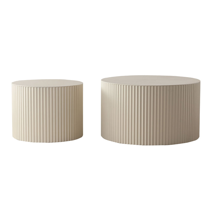 Drum Nesting Coffee Table With Wave Stripe Design For Living Room (Set of 2) - Beige / White
