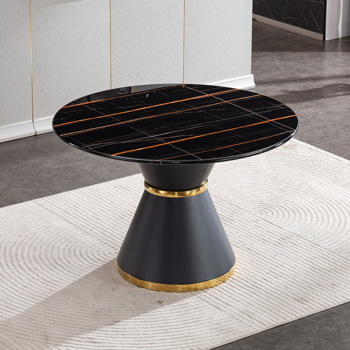 Marble Printed Round Dining Table - Black Columnar Base With Gold Annulus Not Including Chairs - Black