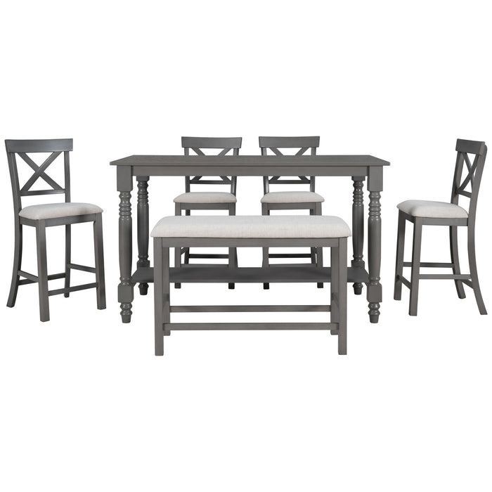 Counter Height Dining Set With Shelf, 4 Chairs And Bench