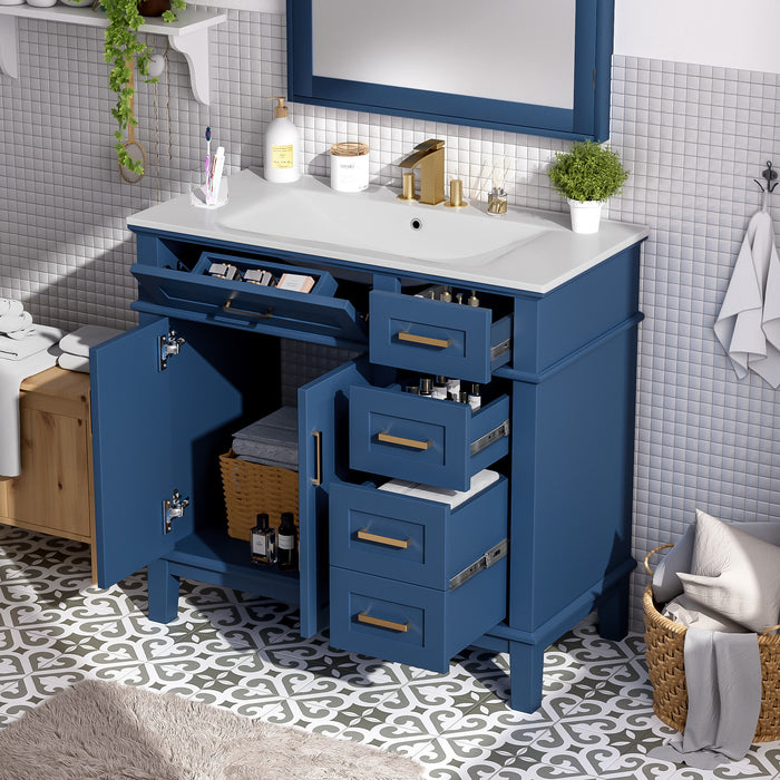 Bathroom Vanity With Ceramic Sink, Soft-Close Doors, 4 Storage Drawers - Blue