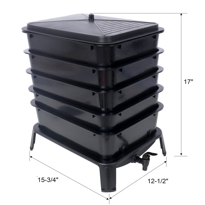 Eco Friendly 5 Layer Worm Compost Bin With 50L Capacity, Easy Setup Plastic Worm Farm Kit - Black
