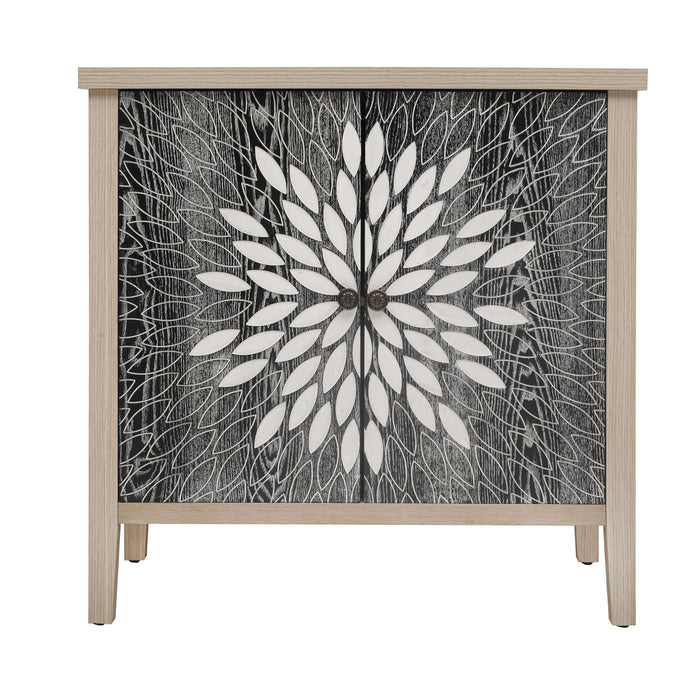 2 Door Carved Storage Cabinet With Adjustable Shelf, Accent Furniture