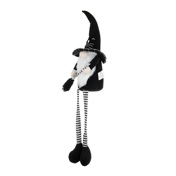 Sitting Gnome With Broomstick & Long Legs, For Halloween Decor - Black White