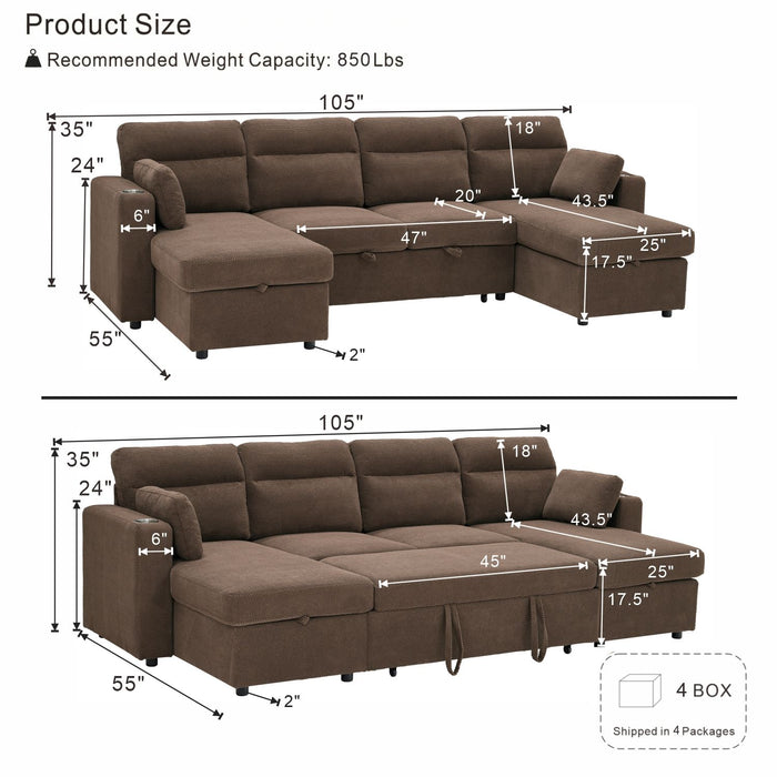 Convertible Sectional Sofa With Storage Chaise, Cup Holders And Pull Out Sleeper