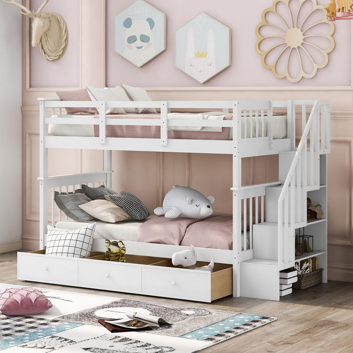 Stairway Bunk Bed With Storage And Guard Rail For Bedroom