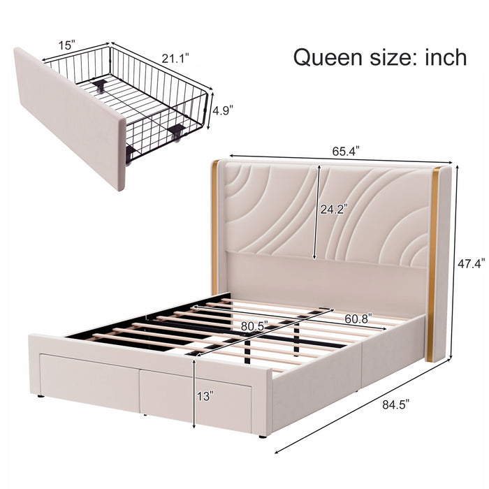 Modern Upholstered LED Bed Frame With Storage Drawers, Wingback Headboard, RGB Light