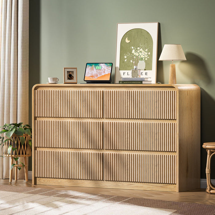 6 Drawer Dresser With Fluted Panel For Bedroom - Beige / Natural