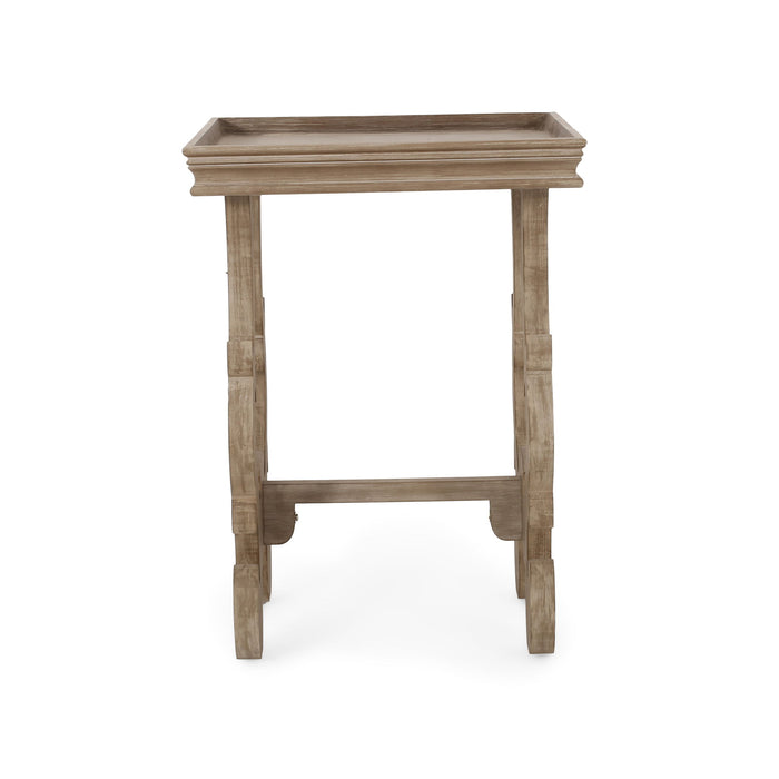 French Country Style Accent Table With Ornate Stretcher Base - Natural