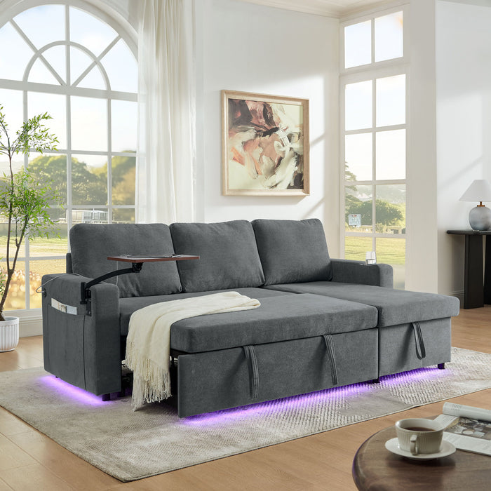 Multi Functional Pull Out Bed Sofa With Retractable Table, LED Lighting, USB Charging Ports & Cup Holders