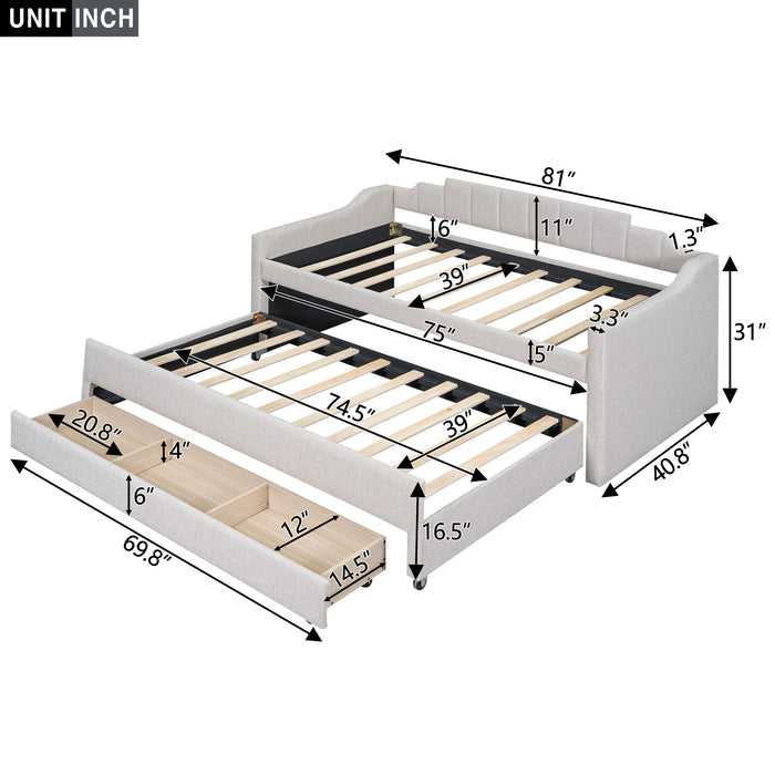 Upholstered Simple Design Daybed With Trundle And 3 Drawers