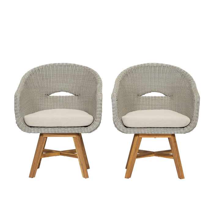 Modern Coastal Rattan Dining Chairs, (Set of 2), Solid Wood Legs - Beige