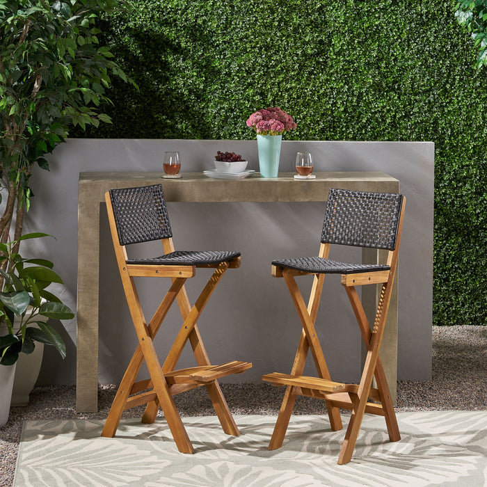 Outdoor Folding Acacia Wood Barstools With Rattan Backrest And Seat