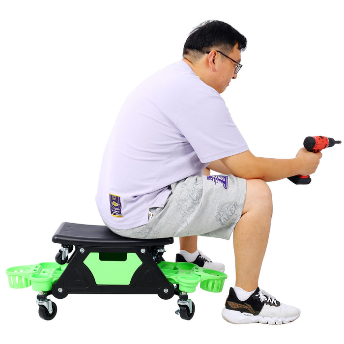 Rolling Detailing Creeper Seat With Wheels, Removable Tool Trays, 300 Lbs Capacity - Green