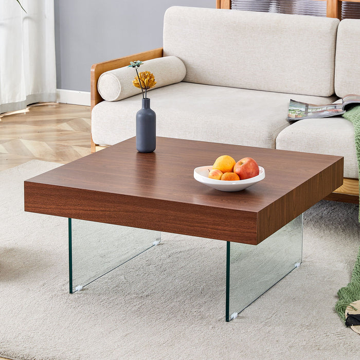Square Coffee Table With Tempered Glass Legs - Transparent / Walnut