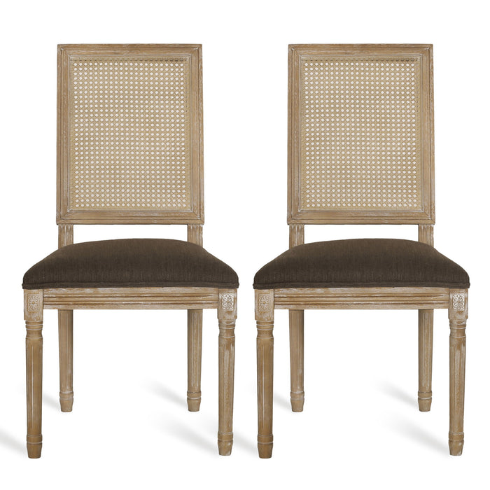 French Country Dining Chair With Rectangular Cane Backrest And Smooth Upholstered Seating