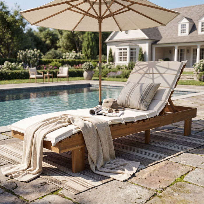 Chaise Lounge With Multi Fold Cushion, 3 Position Adjustable Backrest For Patio - Beige / Teak