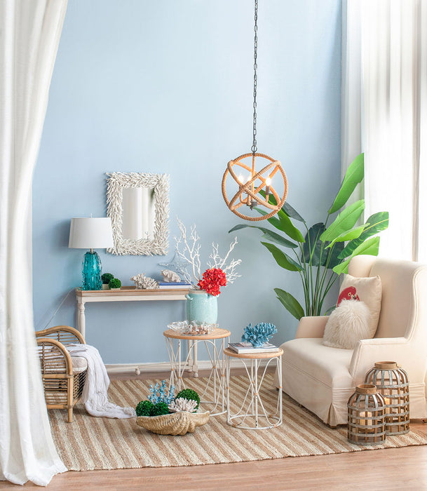 3 Light Farmhouse Chandelier, Rope Chandelier Globe Hanging Light Fixture With With Adjustable Chain For Kitchen, Bulb Not Included - Beige Brown