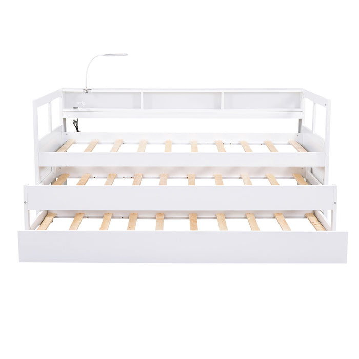 Daybed With 2 Trundles, 3 Storage Cubbies, Built In USB Charging Light