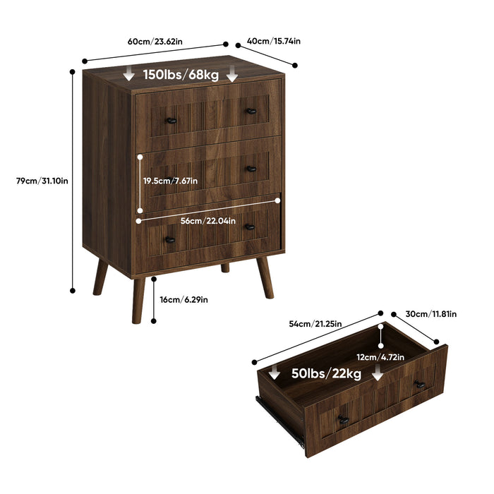 3 Drawer Dresser, Storage Cabinet With Vertical Grooves For Bedroom - Walnut